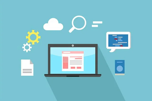 Ilustración de un portátil rodeado de iconos de engranajes, nube y documentos que representan la optimización de procesos internos con apps a medida