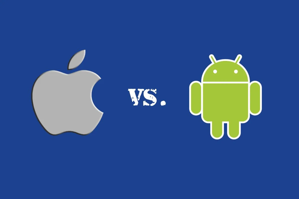 Logos de Apple y Android enfrentados con la palabra vs, simbolizando la comparativa entre plataformas para el desarrollo de apps móviles