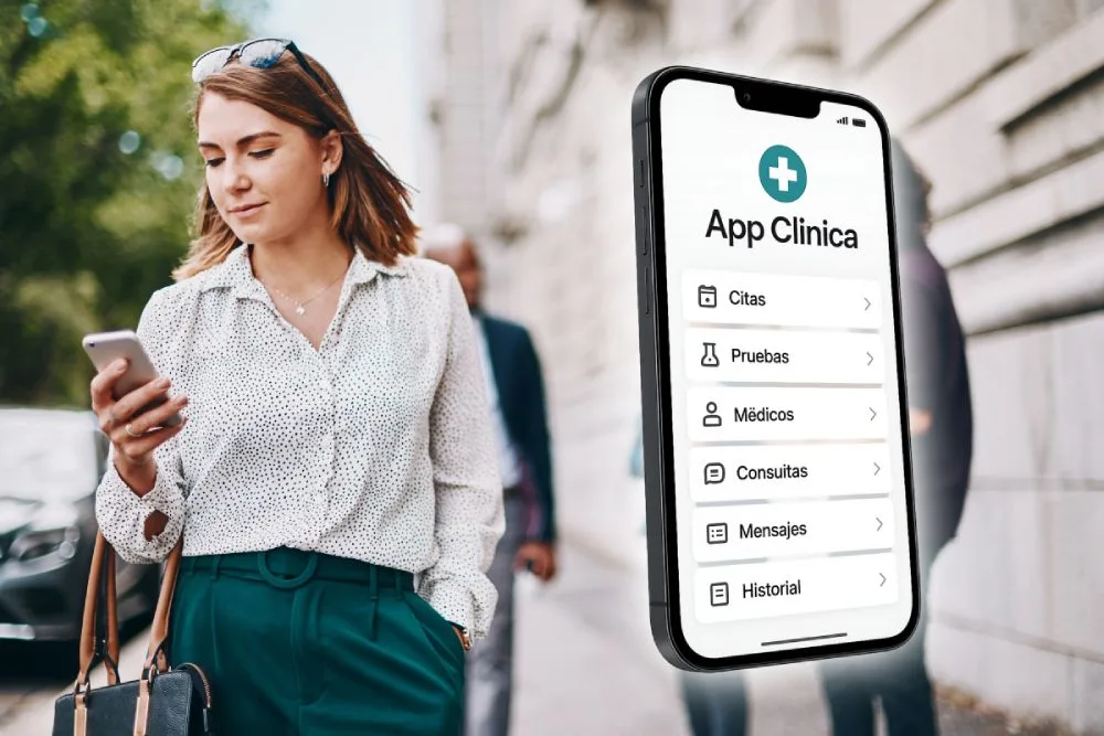 Paciente mirando el móvil en la calle junto a la interfaz de una app para clínicas con menú de citas, pruebas y consultas