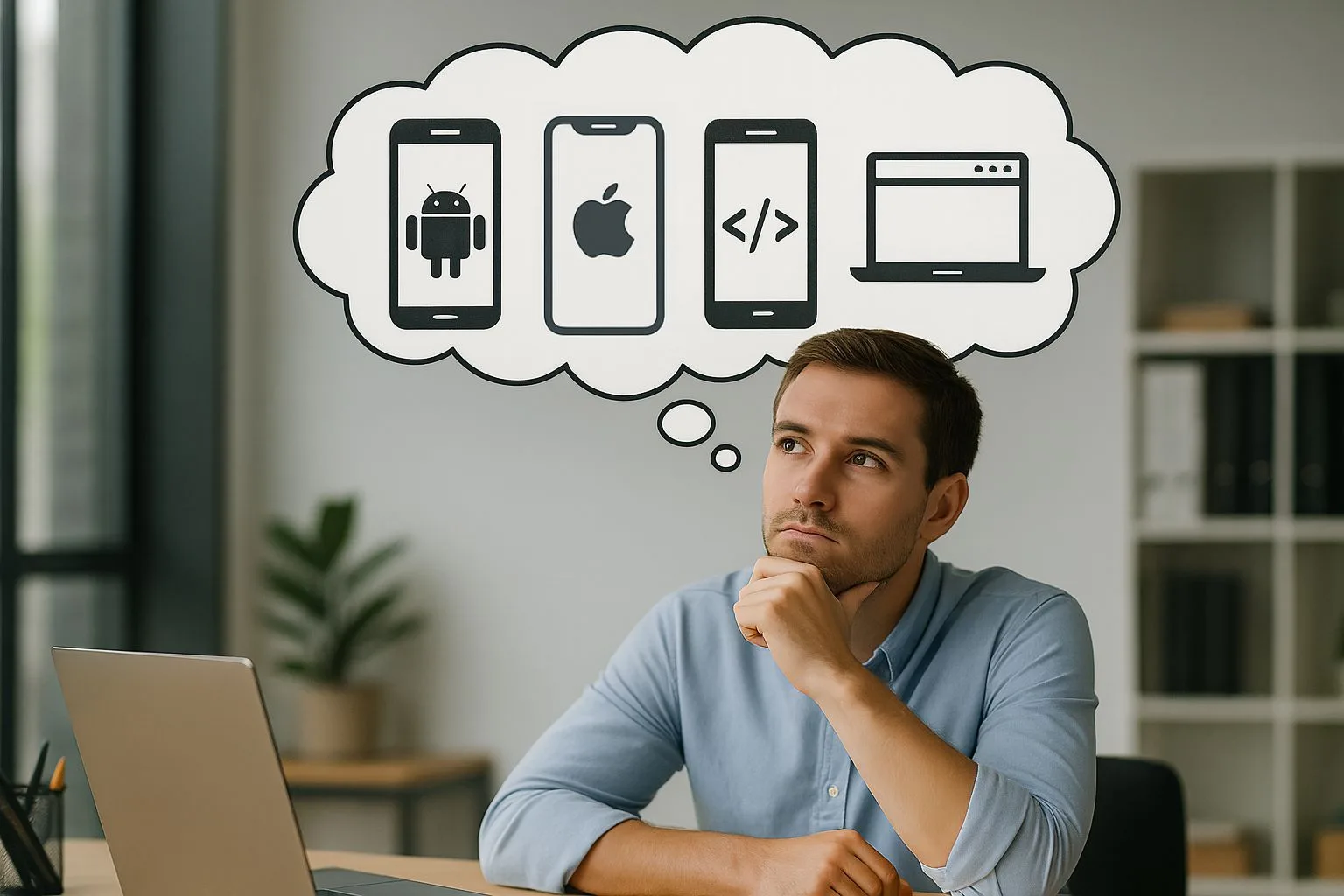 Desarrollador pensativo frente al portátil con bocadillo que muestra iconos de Android, iOS, código y navegador, representando la elección entre apps nativas, híbridas, multiplataforma y web