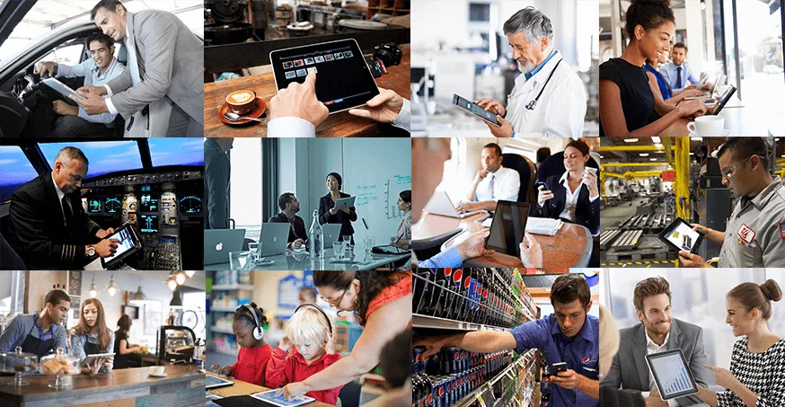 Collage de profesionales de distintos sectores usando apps móviles en tablets para trabajar