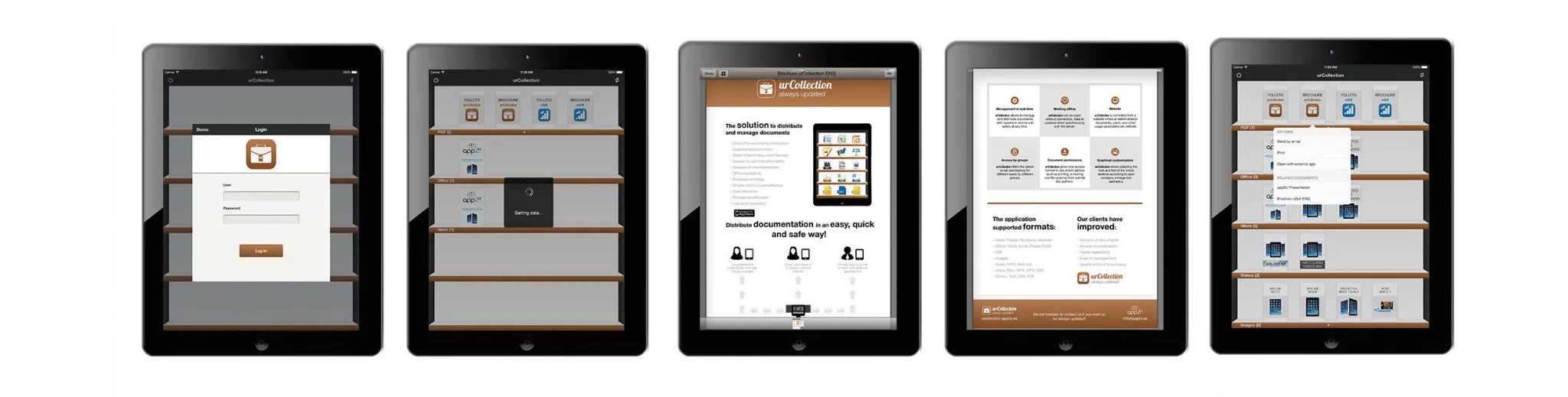 Pantalles de l'app urCollection en iPad: login, biblioteca, permisos i brochure