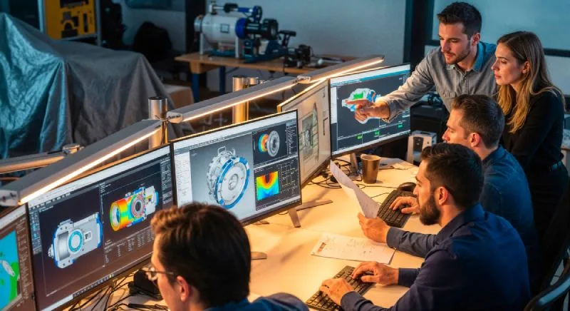 Equipo de ingenieros analizando datos en varias pantallas con software a medida