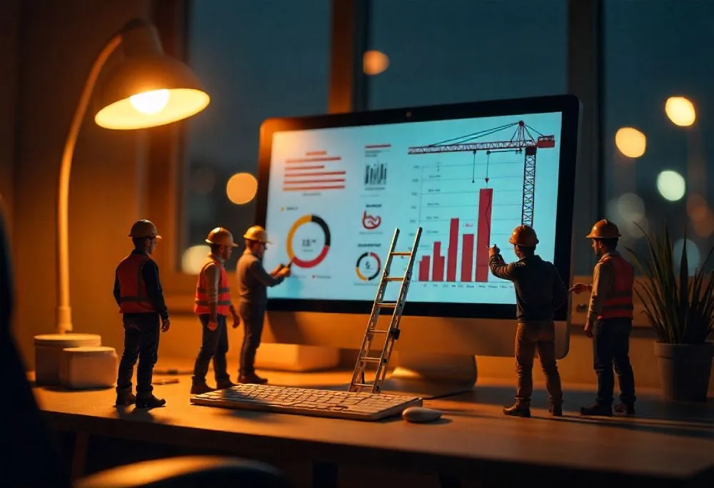 Obreros miniatura construyendo gráficos en pantalla, metáfora del software a medida