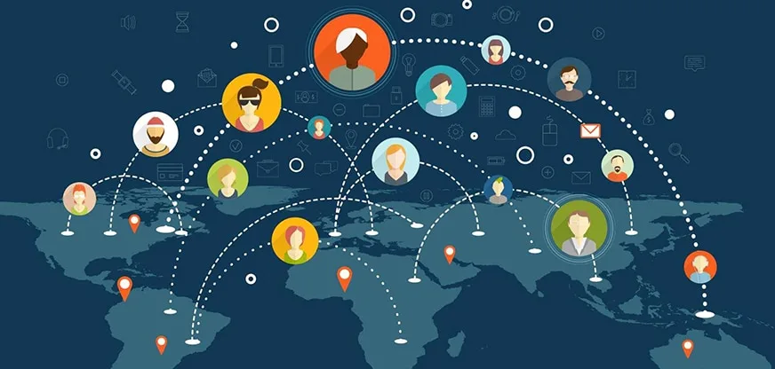 Red global de equipo comercial conectado sobre mapa mundial ilustrado