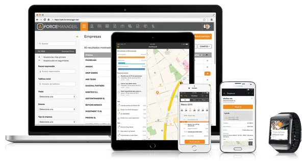 App CRM ForceManager mostrada en portátil, tablet, smartphone y smartwatch