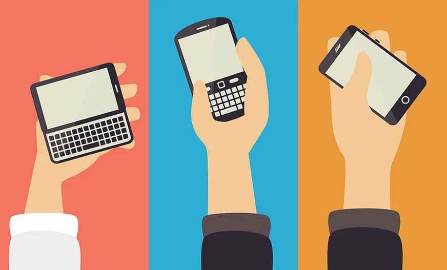 Ilustración de tres manos sosteniendo distintos dispositivos móviles personales usados en el trabajo BYOD