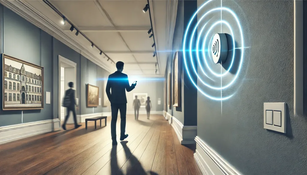 Visitant en un museu rebent informació al mòbil des d'un beacon instal·lat a la paret