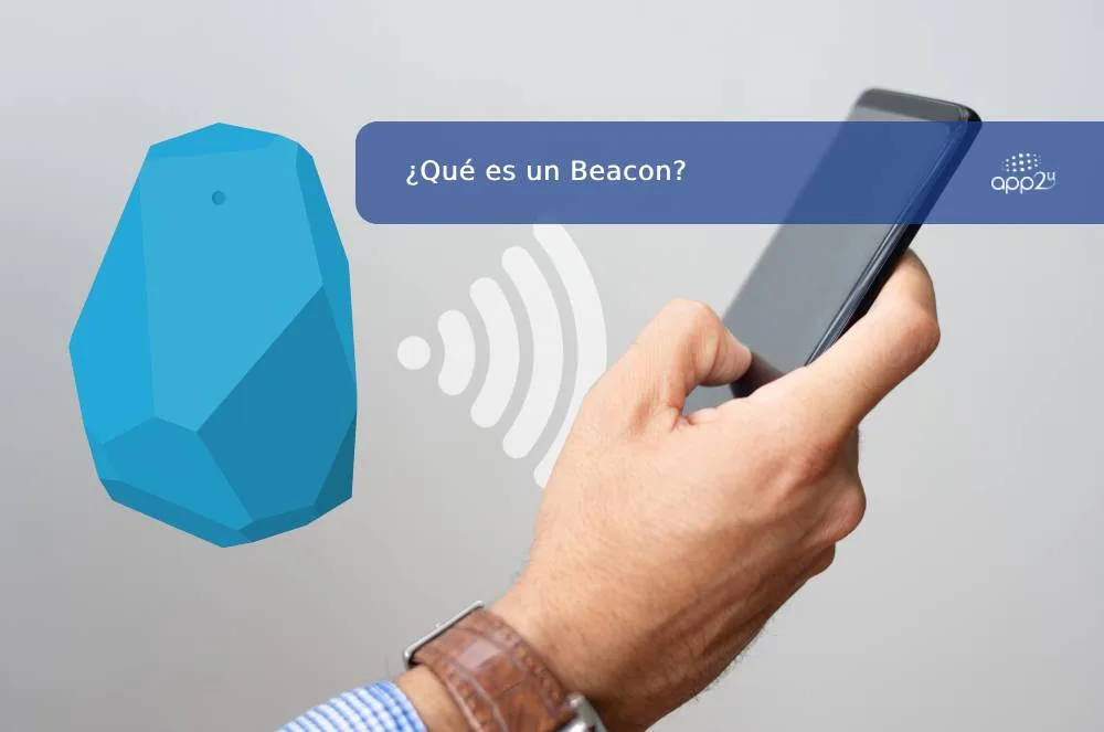 Beacon azul emitiendo señal Bluetooth a un smartphone sostenido por una mano