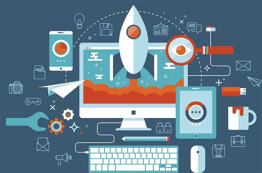 Ilustración de ordenador, móvil y tablet con cohete despegando simbolizando la transformación digital empresarial