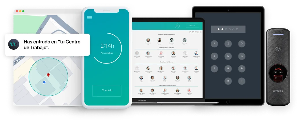 InWout en múltiples dispositius: geolocalització del centre de treball a l'escriptori, temporitzador de fitxatge al mòbil, panell d'empleats a la tauleta i lector biomètric