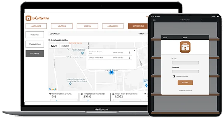 urCollection en portàtil i tauleta: panell d'estadístiques amb geolocalització d'usuaris i pantalla de login de l'app mòbil per a comercials
