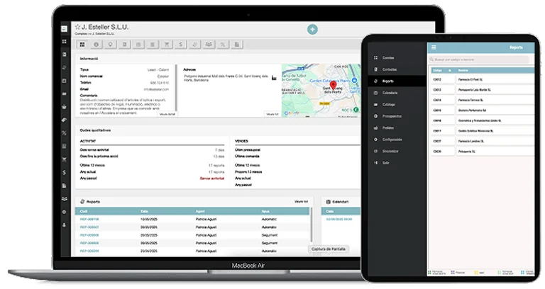 uSell CRM en portàtil i tauleta mostrant fitxa de client amb dades, mapa d'ubicació, històric de comandes i llistat de contactes comercials