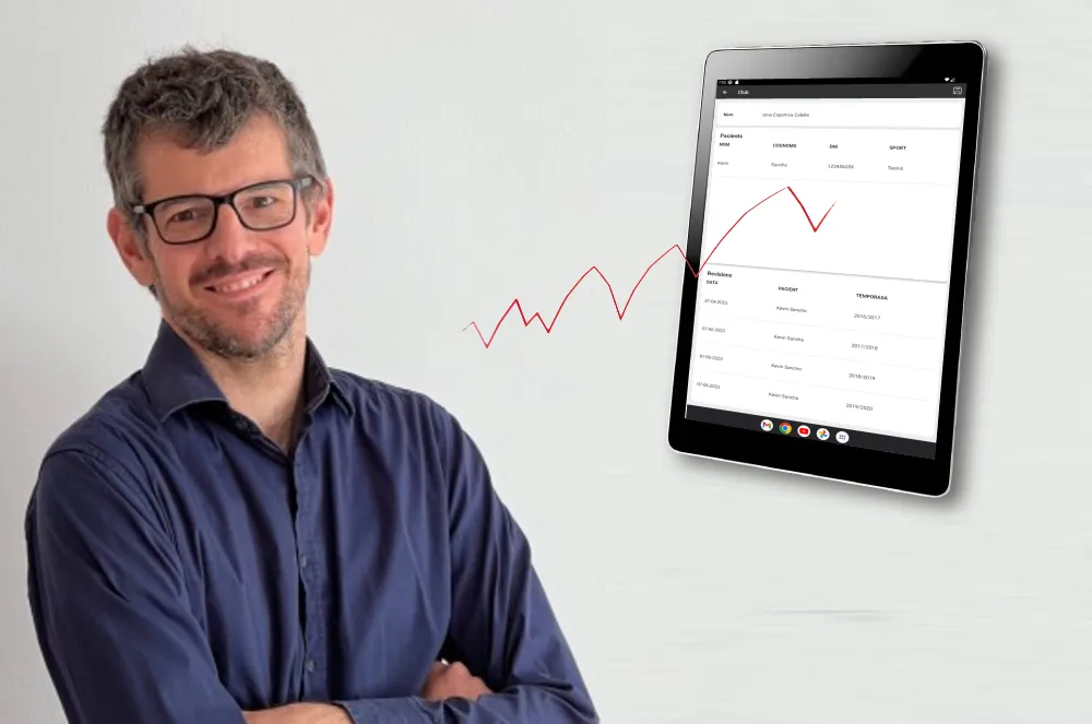 Retrato del Dr. Bernat de Pablo con gráfica de línea ascendente y tablet mostrando el listado de revisiones médicas por temporada y paciente