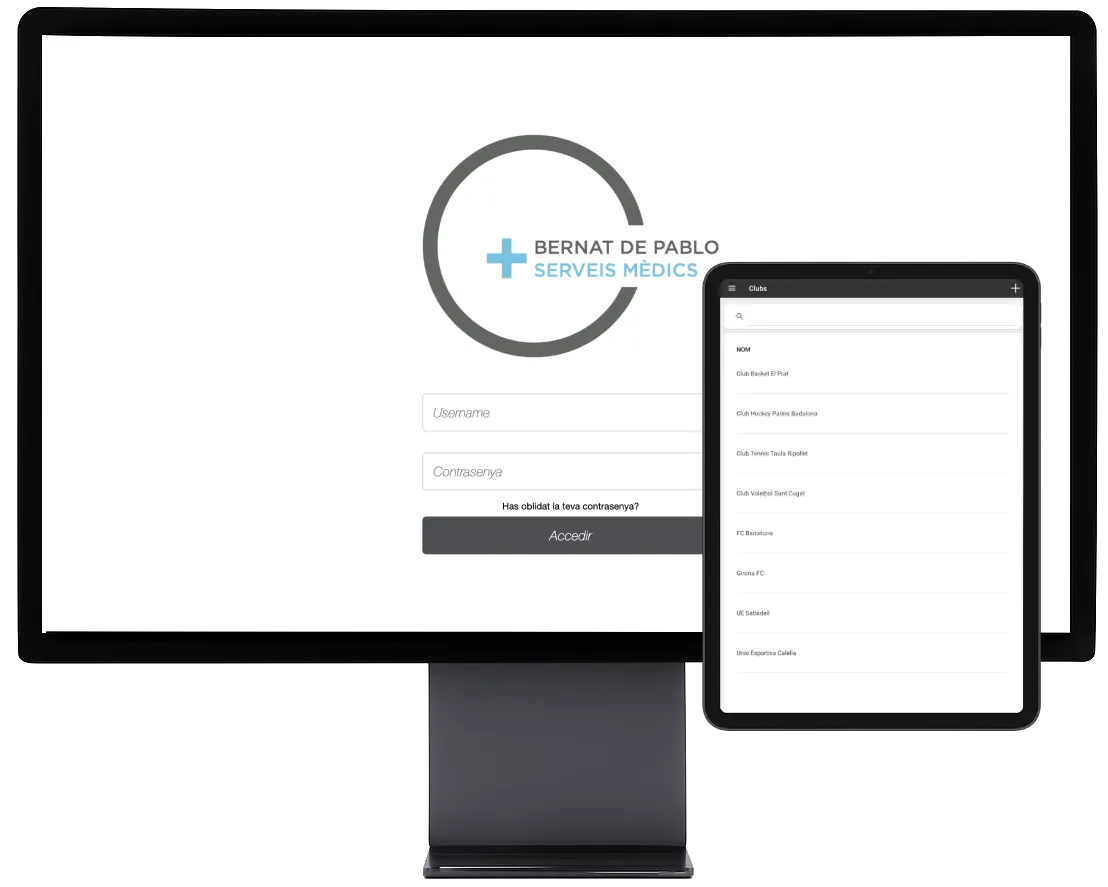 App Bernat de Pablo Serveis Mèdics en escritorio con pantalla de acceso y en tablet con listado de clubes deportivos (FC Barcelona, Girona FC, UE Sabadell, entre otros)