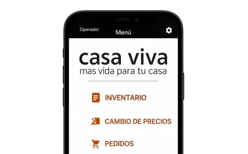 Menú principal de la app Casa Viva en móvil con accesos a Inventario, Cambio de precios y Pedidos