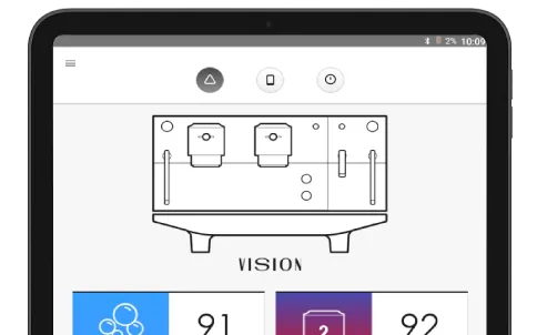 App Iberital en tablet con pantalla principal del modelo Vision mostrando el esquema de la máquina espresso profesional y parámetros de control