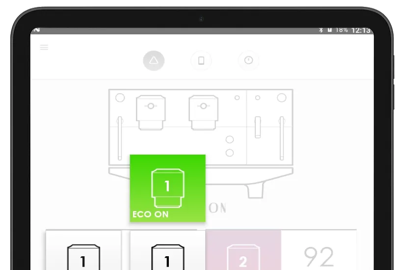 App Iberital en tablet con el modo Eco activado sobre el grupo 1 de la máquina espresso y panel de ajuste de parámetros por cada grupo de erogación