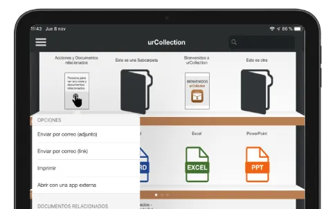 App urCollection en tablet mostrando carpetas de documentos comerciales de Montibello y opciones para enviar por correo, imprimir o abrir archivos PDF, Excel y PowerPoint