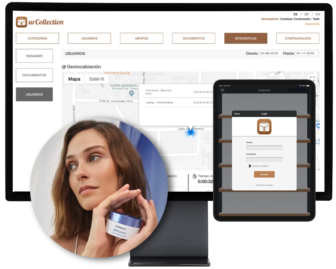 urCollection para Montibello en escritorio con panel de estadísticas, geolocalización de comerciales y app de login en tablet junto a imagen de producto cosmético Retiderma