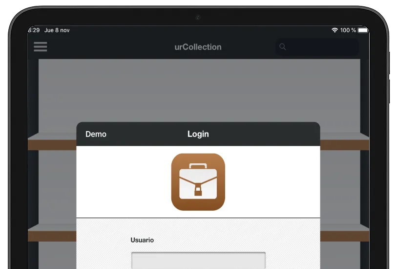 Pantalla de login de urCollection en tablet con icono del maletín corporativo y campos de usuario y contraseña para el equipo comercial de Montibello