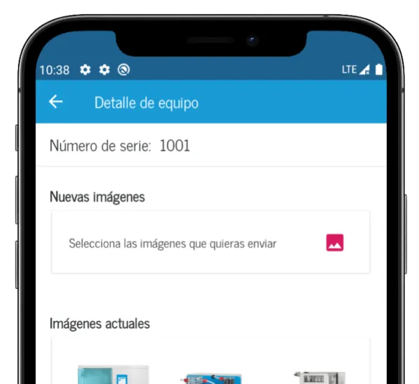 Pantalla de detalle de equipo en la app Raypa con número de serie, sección para enviar imágenes nuevas y galería de fotografías actuales del producto