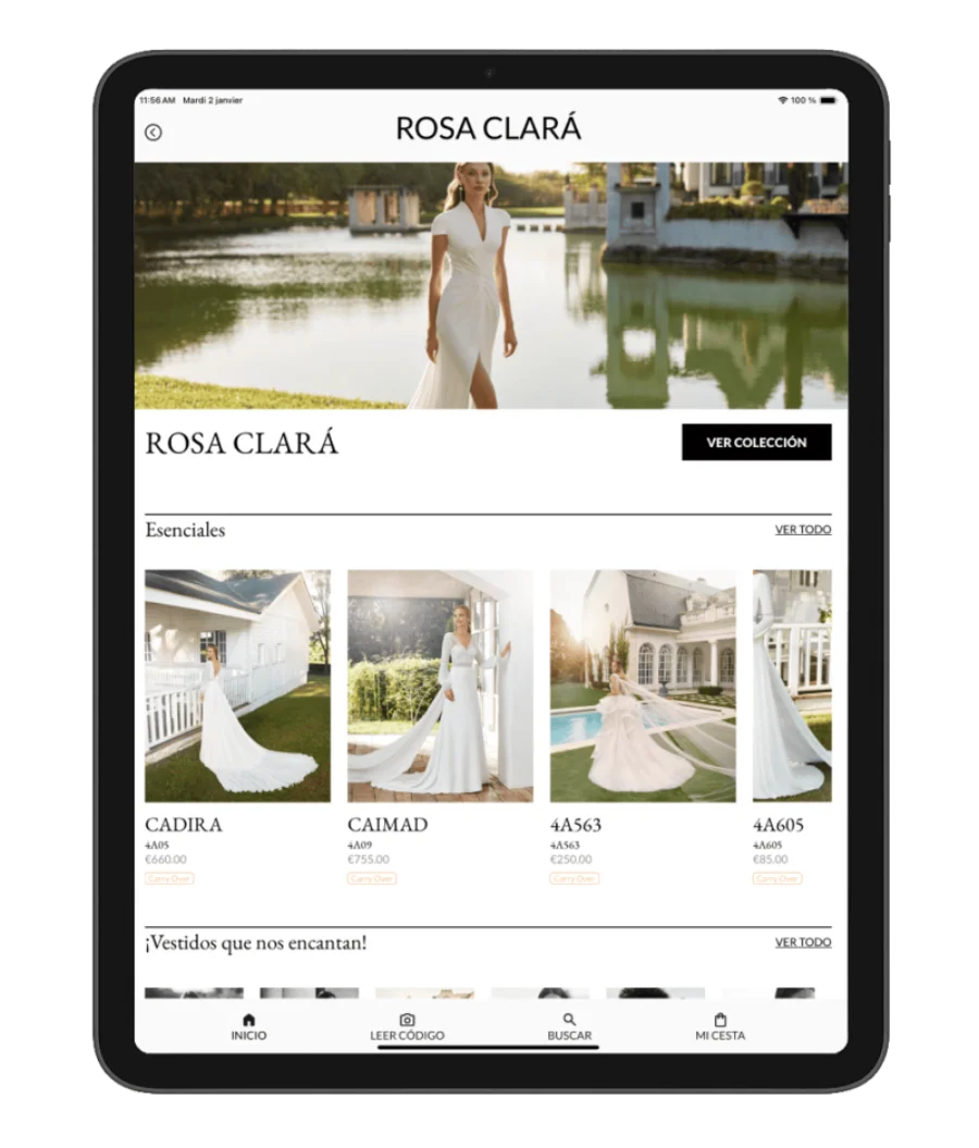 App Rosa Clará en tablet mostrando el catálogo de vestidos de novia con fichas de producto, precios y referencias