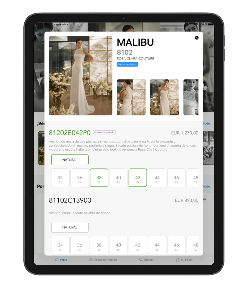 Detalle del vestido Malibu en la app Rosa Clará con información técnica, selector de tallas, precio y composición