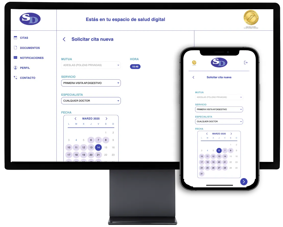 Portal de pacientes Servidigest en escritorio y móvil con formulario de solicitud de cita nueva, selección de mutua, servicio, especialista y calendario