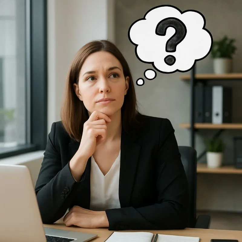 Dona pensativa a l'oficina amb interrogant, analitzant les seves necessitats tecnològiques