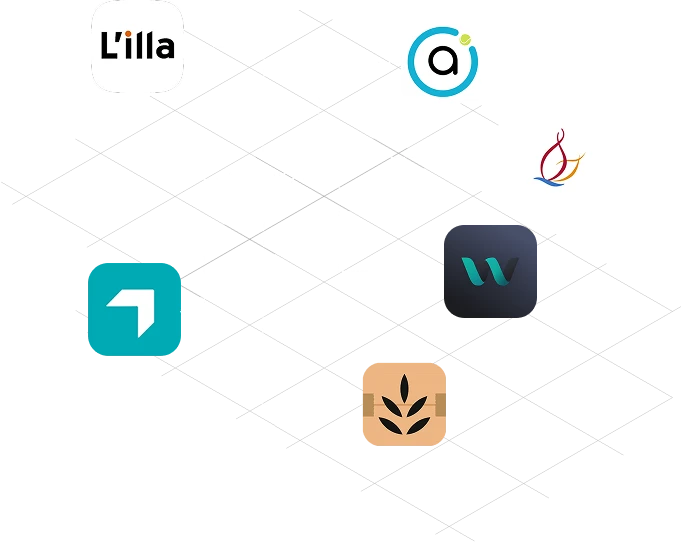 Iconos de apps a medida desarrolladas por App2U sobre fondo isométrico