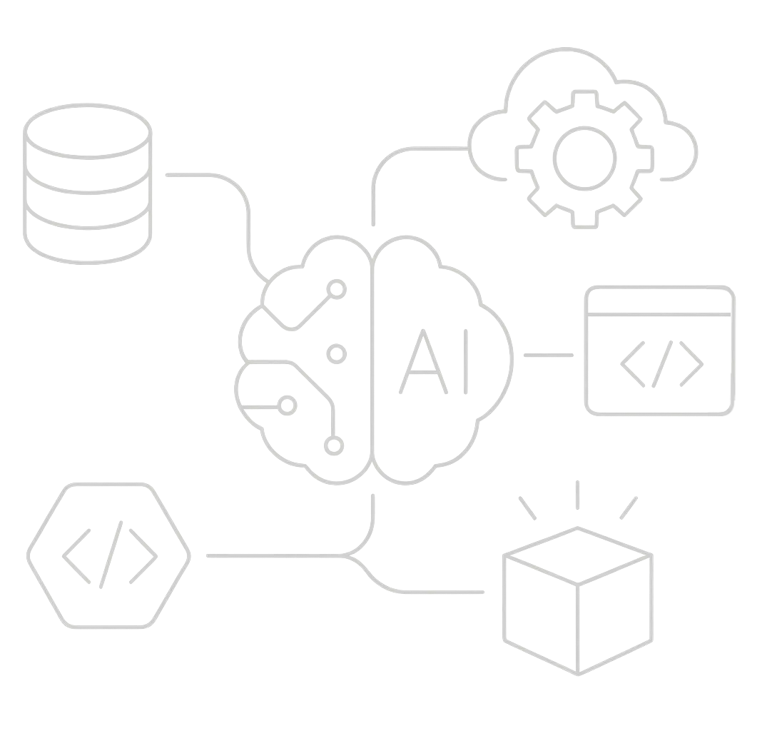 Il·lustració d'un cervell amb IA connectat a núvol, base de dades, codi i blocs