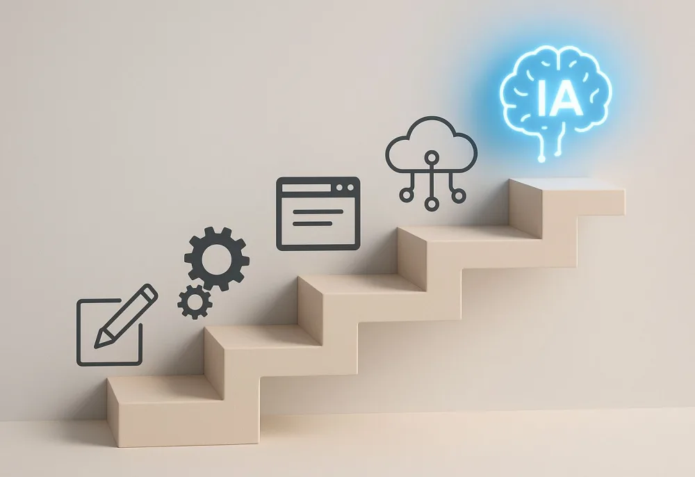 Escala amb icones que representen l'evolució fins a l'automatització amb IA