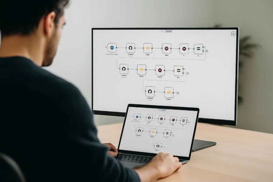 Professional revisant un flux d'automatització amb IA en monitor i portàtil