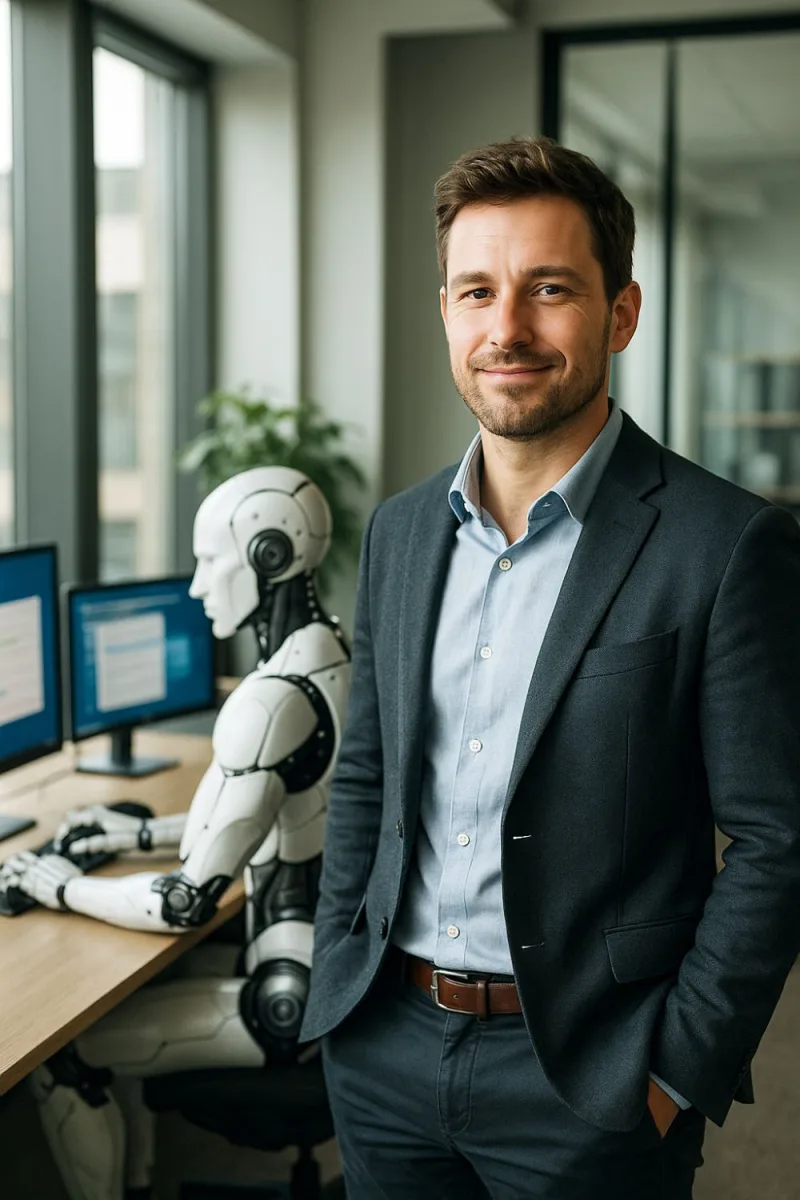 Professional al costat d'un humanoide d'IA en una oficina amb processos automatitzats en pantalla