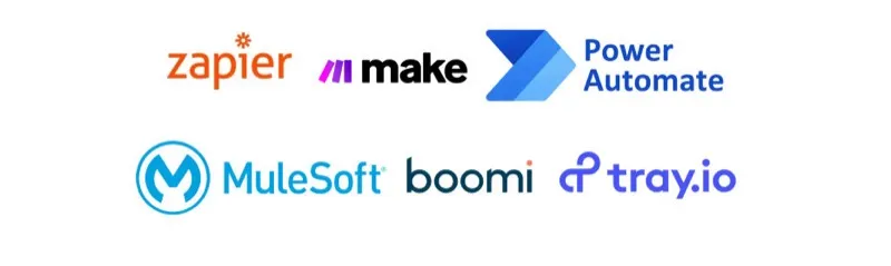 Logos de herramientas de integración estándar: Zapier, Make, Power Automate, MuleSoft, Boomi y Tray.io