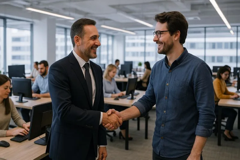 Encaixada de mans entre client i tècnic tancant un pla de manteniment preventiu