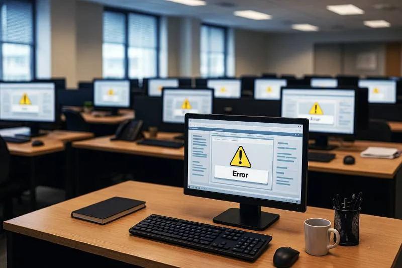 Oficina amb ordinadors mostrant errors per falta de suport tècnic de software