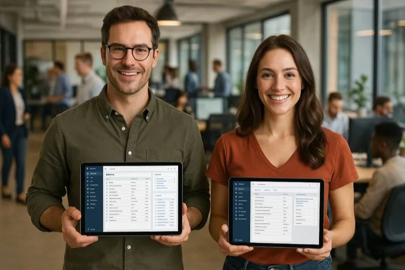 Equipo profesional mostrando tablets con aplicaciones web a medida en una oficina