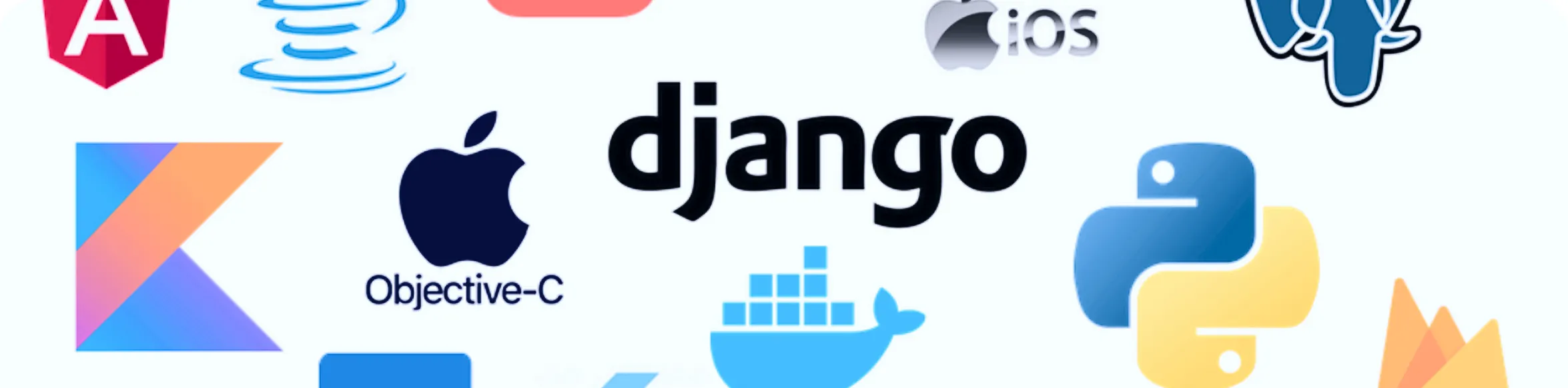 Logos del stack tecnológico web: Angular, Django, Python, iOS, Kotlin, Docker, PostgreSQL y más